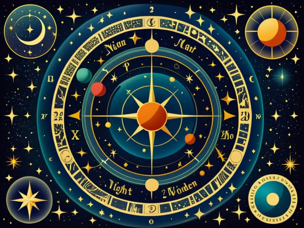 Detalle de antiguo mapa celestial con alineaciones planetarias significado, evocando misterio y maravilla