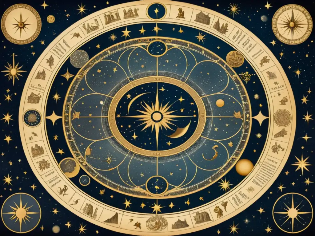 Detalle de antiguo mapa celestial con constelaciones, figuras mitológicas y elegante caligrafía, evocando la importancia de las estrellas centrales