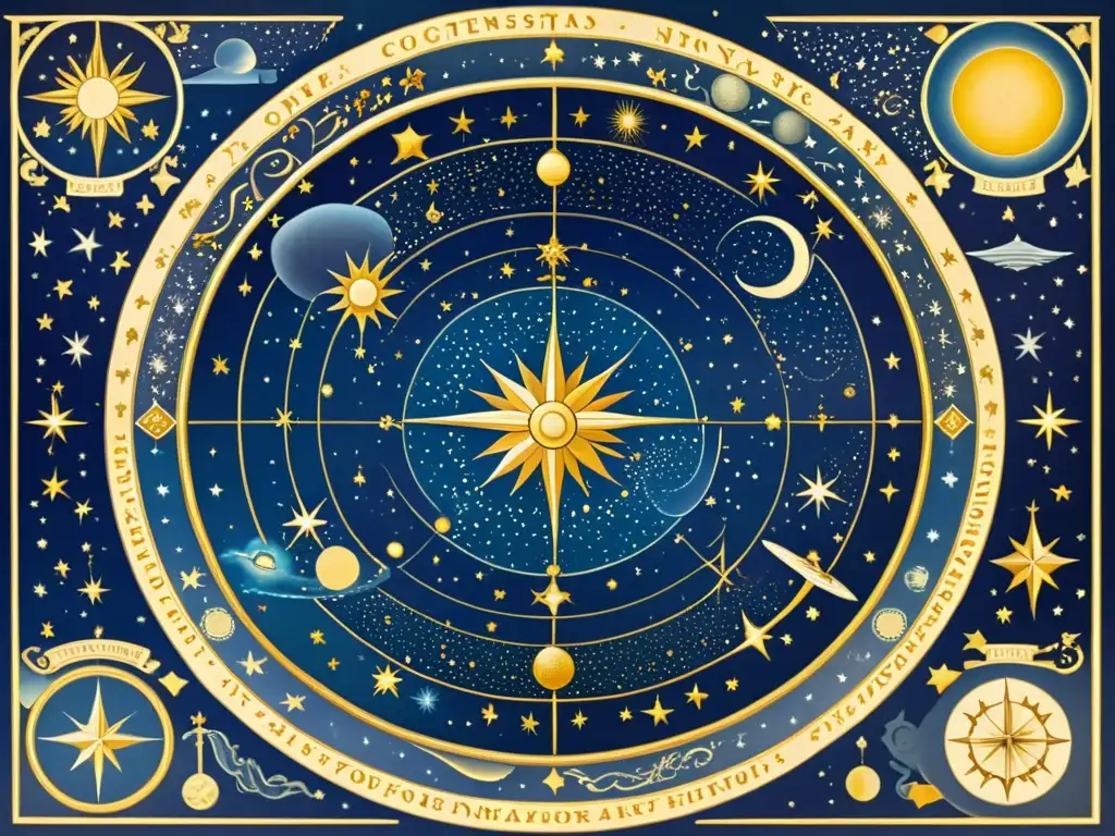 Detalle de antiguo mapa del cielo nocturno con constelaciones como guía de navegantes, adornado con ilustraciones míticas y símbolos misteriosos