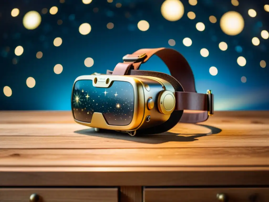 Detalle de auriculares de realidad virtual vintage en mesa de madera, con mapa celestial de fondo