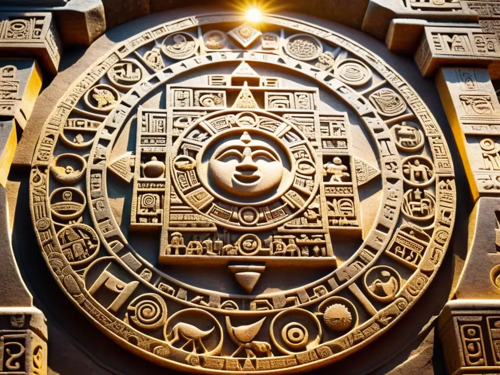 Detalle 8k de calendario astronómico maya tallado en piedra, con símbolos y jeroglíficos