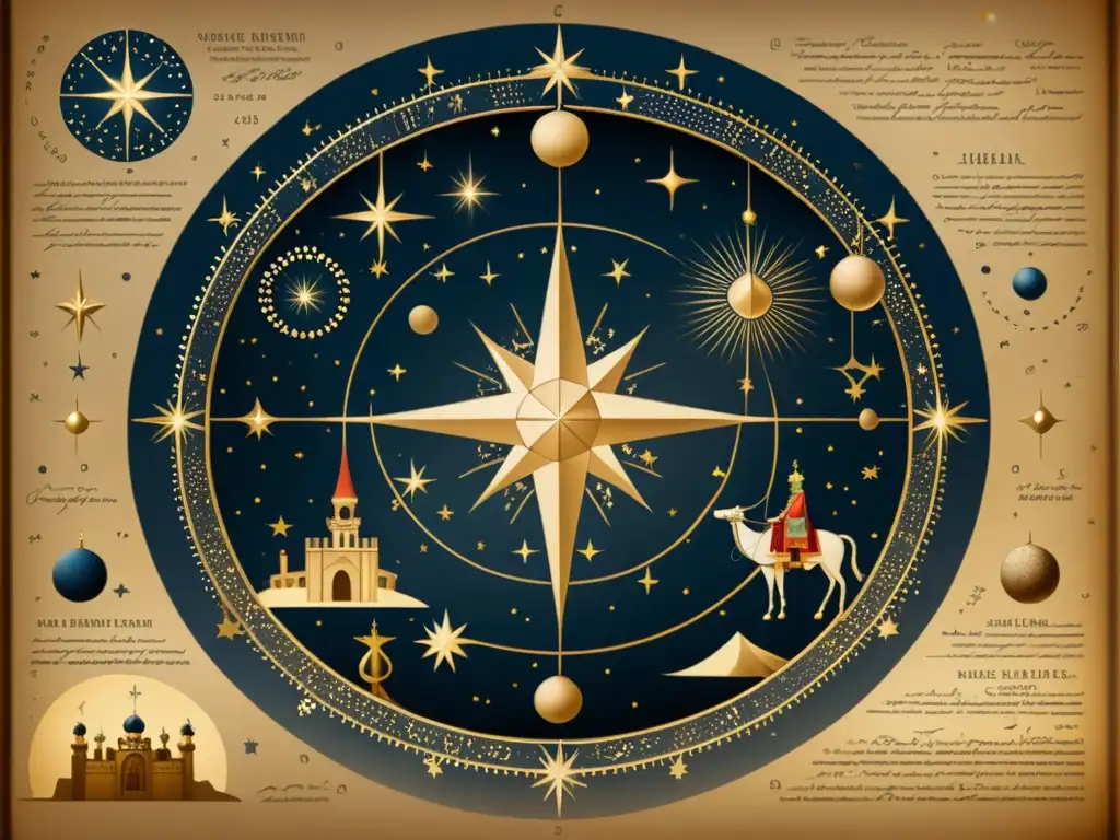 Detalle en sepia de carta estelar antigua de los Reyes Magos, con fenómeno celeste estrellas de Navidad