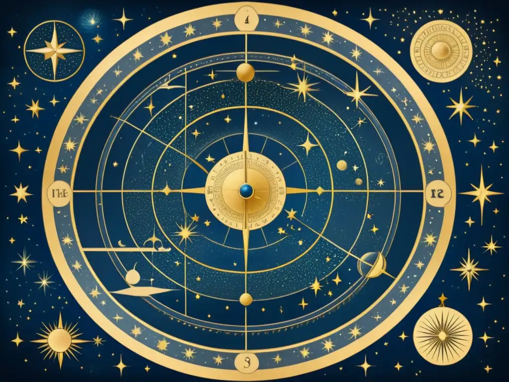 Detalle celestial de un mapa vintage en 8k, con constelaciones, estrellas y cuerpos celestes sobre fondo azul