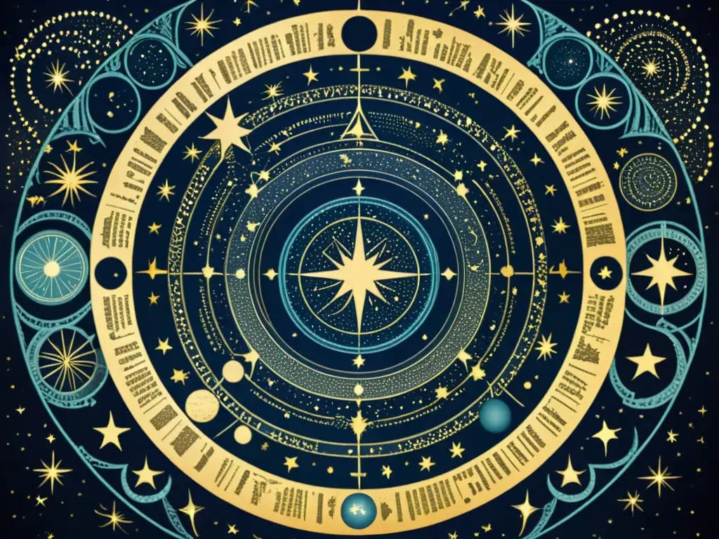 Detalle de la ilustración vintage del cielo nocturno con antiguas constelaciones y movimientos estacionales de las estrellas en la esfera celestial