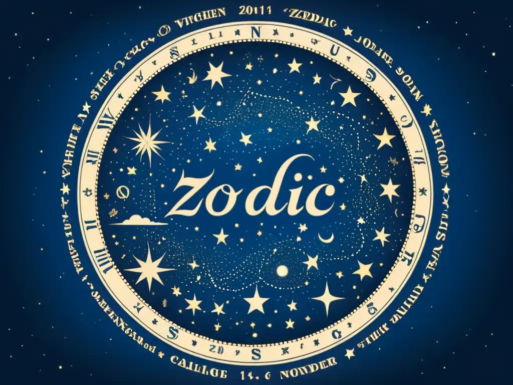 Ilustración detallada del cielo nocturno con constelaciones del zodiaco Detalle de ilustración vintage del cielo nocturno con constelaciones zodiacales en elegante caligrafía