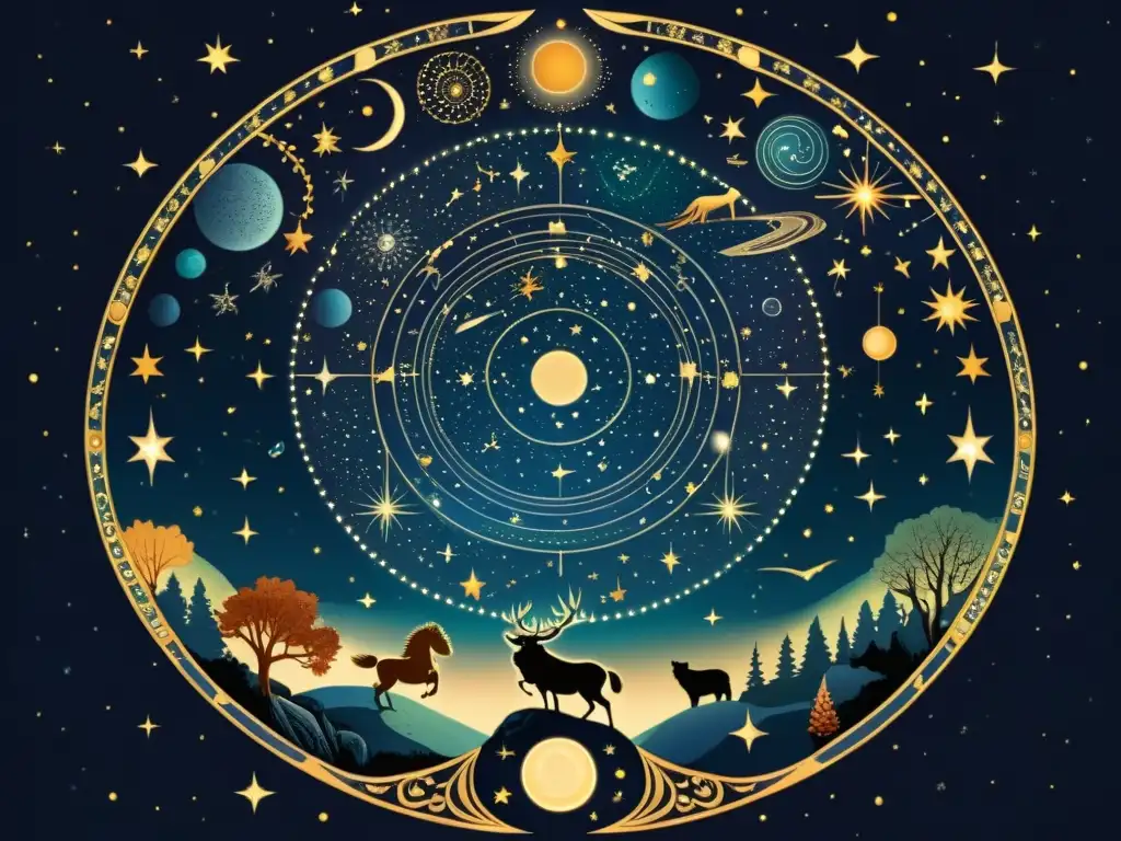 Detalle de ilustración vintage del cielo nocturno con constelaciones, mostrando la evolución de las estrellas en constelaciones y su relación con la mitología