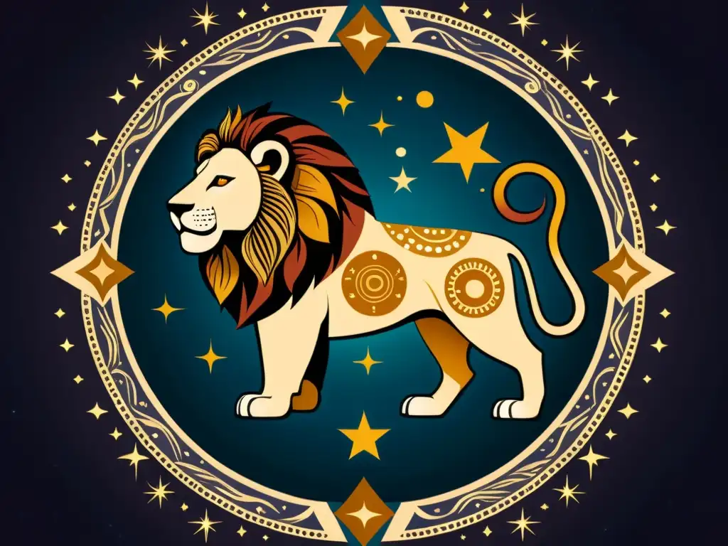 Detalle de la constelación de Leo en la cultura Maya y Babilónica, con patrones celestiales y simbolismo zodiacal, en tonos terrosos