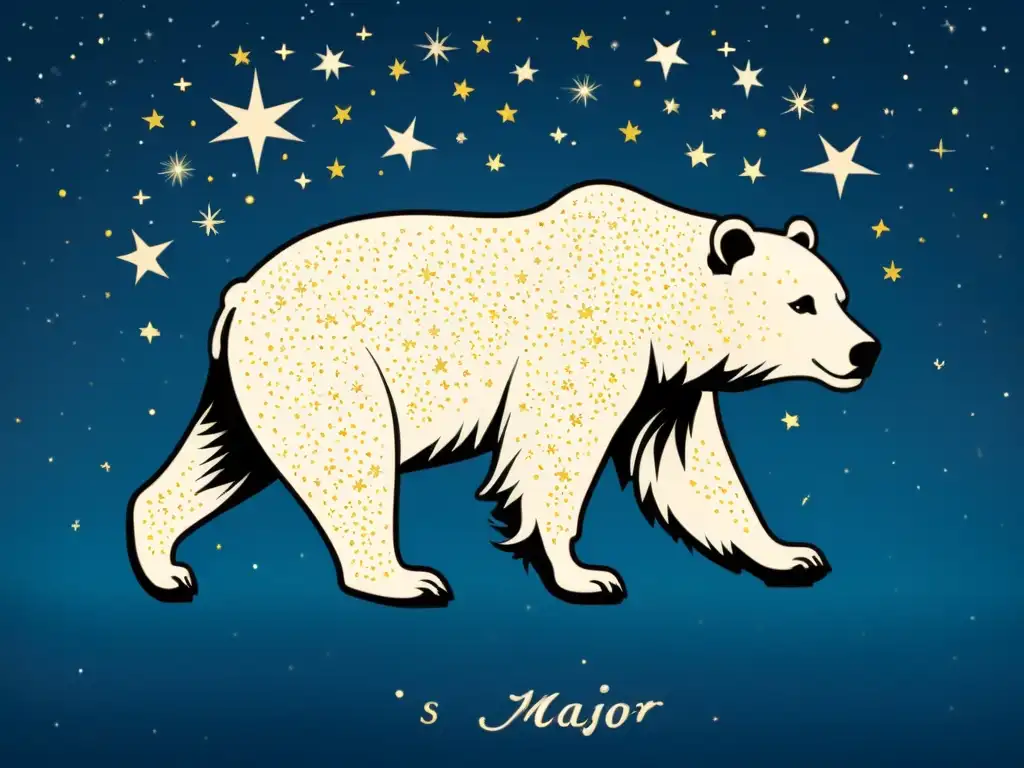 Detalle de ilustración vintage de la constelación de la Osa Mayor, con estrellas brillantes formando la figura del oso en un cielo nocturno