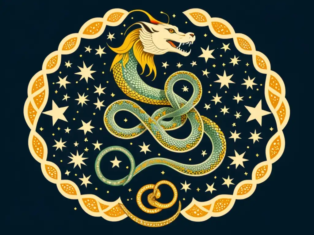 Detalle de ilustración vintage de la constelación de Serpens entrelazada con la Serpiente del Midgard, evocando mitología astronómica y un toque artístico