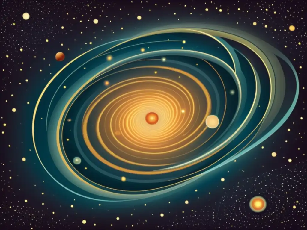 Detalle de la danza gravitacional en el sistema estelar de Auriga, con patrones celestiales en tonos cálidos