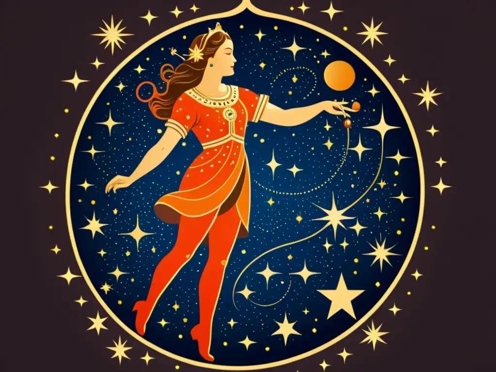 Constelación de Orión: Ilustración detallada y evocadora Detalle de ilustración vintage de la constelación de Orión, con elementos mitológicos, estrellas y tonos terrosos