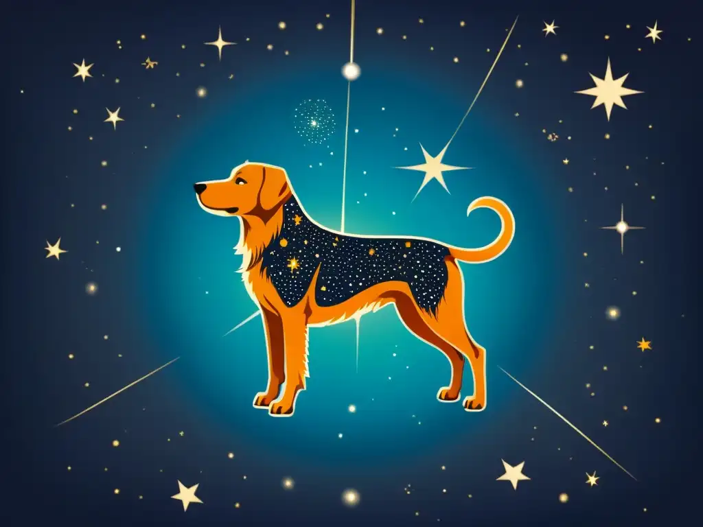 Detalle de ilustración vintage de la constelación Canis Major, destacando la estrella brillante Sirius en el centro