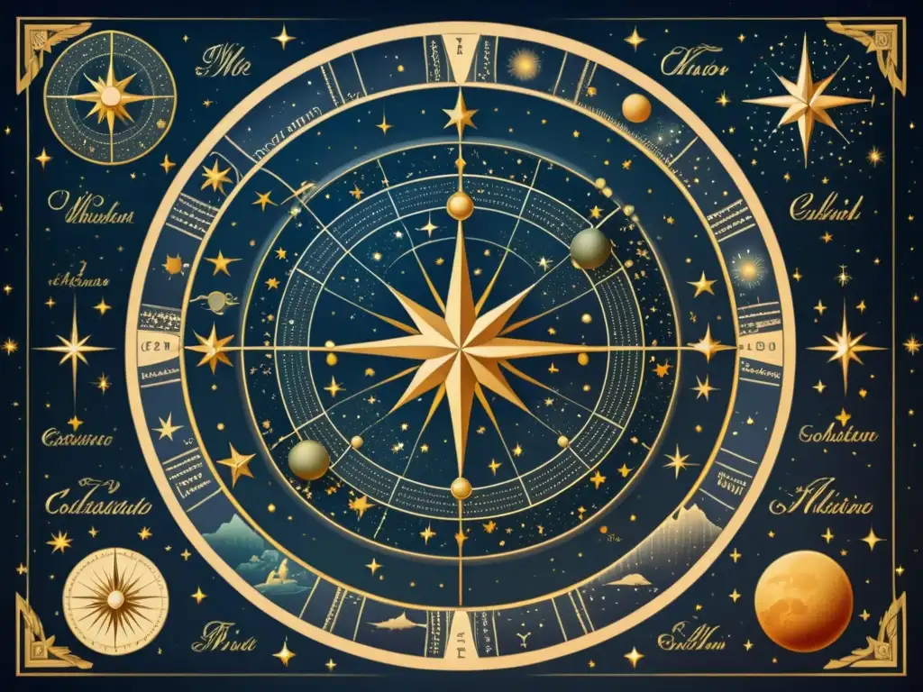 Detalle exquisito de un antiguo mapa celestial, con constelaciones y caligrafía elegante