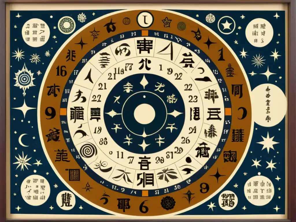 Detalle de grabado japonés vintage con influencia de constelaciones en astrología japonesa