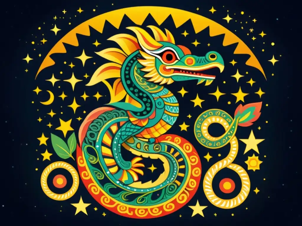 Detalle ilustrado vintage de Quetzalcóatl, deidad de la mitología mesoamericana, con patrones intrincados y colores vibrantes sobre un cielo estrellado, en una representación históricamente rica de la mitología asociada con estrellas