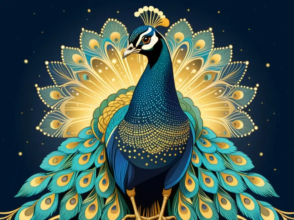 Detalle impresionante de la constelación Pavo en una ilustración vintage, con tonos azules y dorados