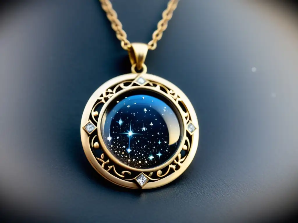 Detalle de joyería inspirada en constelaciones con diseño celestial en cristales sobre fondo antiguo, resaltando elegancia y vintage