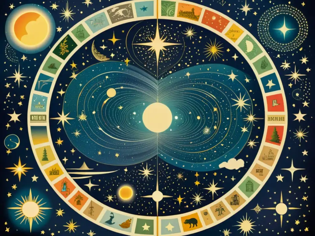 Detalle de ilustración vintage de mapa celeste de la Vía Láctea, con figuras mitológicas y personajes literarios entre las estrellas