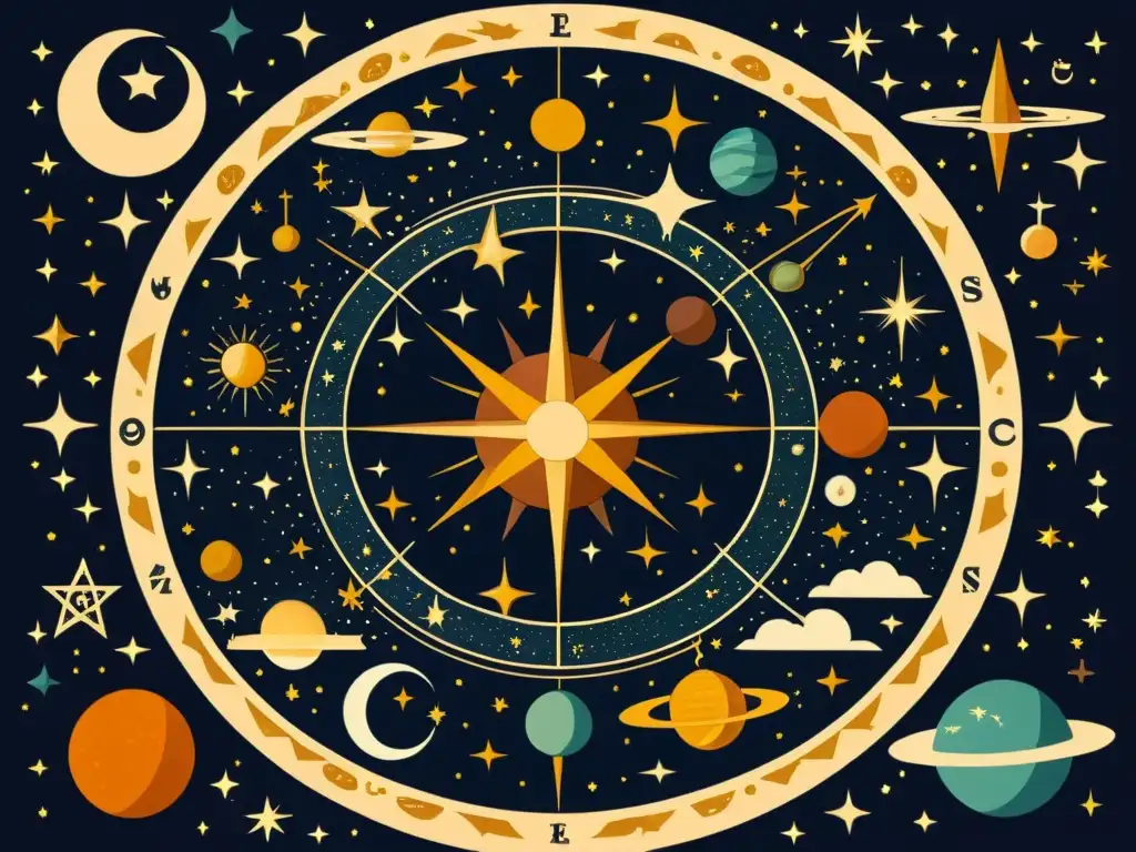 Detalle de un mapa celestial vintage con constelaciones, símbolos astrológicos y signos zodiacales en tonos cálidos