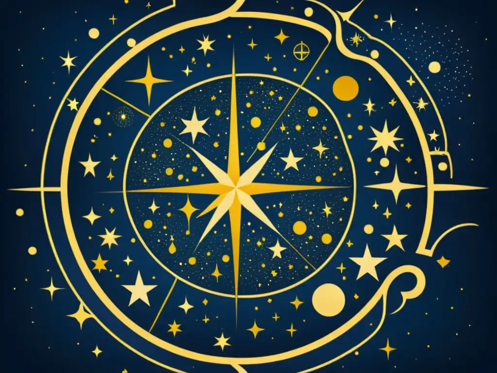 Detalle de ilustración vintage de mapa estelar con constelaciones en fondo azul marino