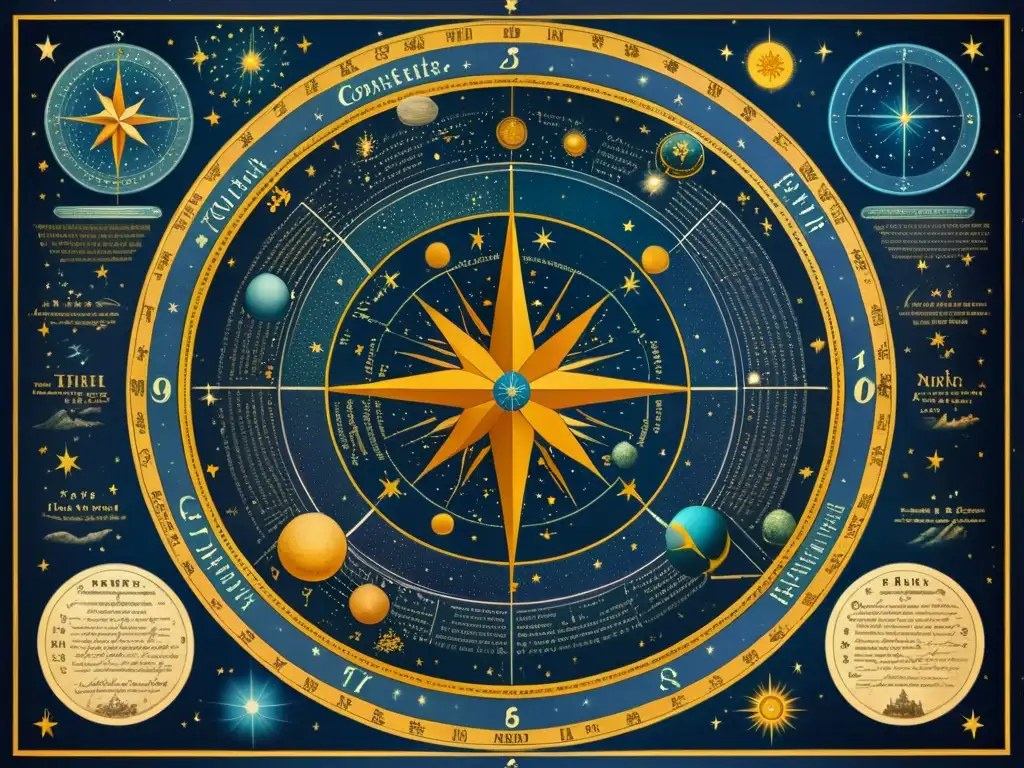 Detalle de mapa vintage de estrellas con posición constelaciones origen universo y adornos antiguos en colores cálidos