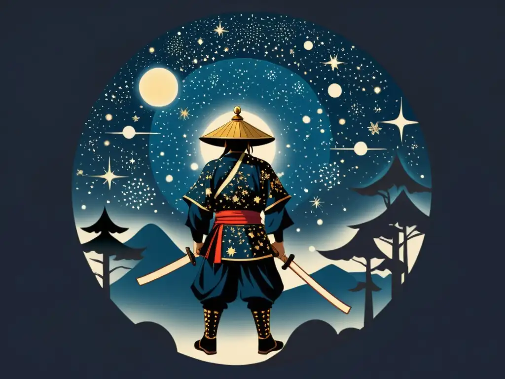 Detalle de la constelación Samurai en ilustración vintage, evocando la mitología asociada con constelaciones Samurai en la mitología japonesa