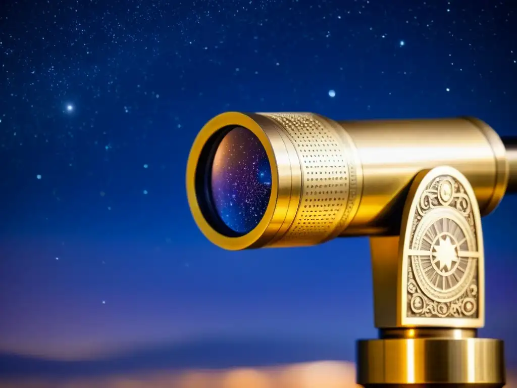 Telescopio vintage: belleza dorada en la oscuridad estrellada Detalle de ocular de telescopio vintage en latón, con grabados y pátina dorada, contrastando con el cielo estrellado