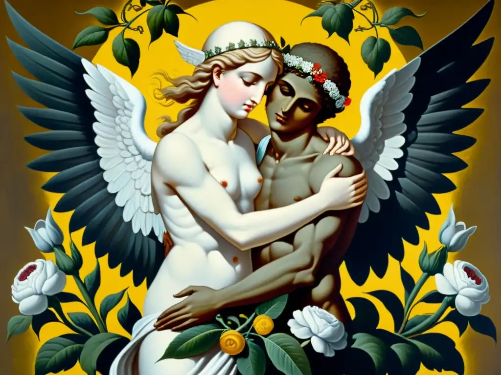 Detalle de pintura vintage de Eros y Thanatos, dioses griegos del amor y la muerte, simbolizando la dualidad de deseo y mortalidad en la psique griega