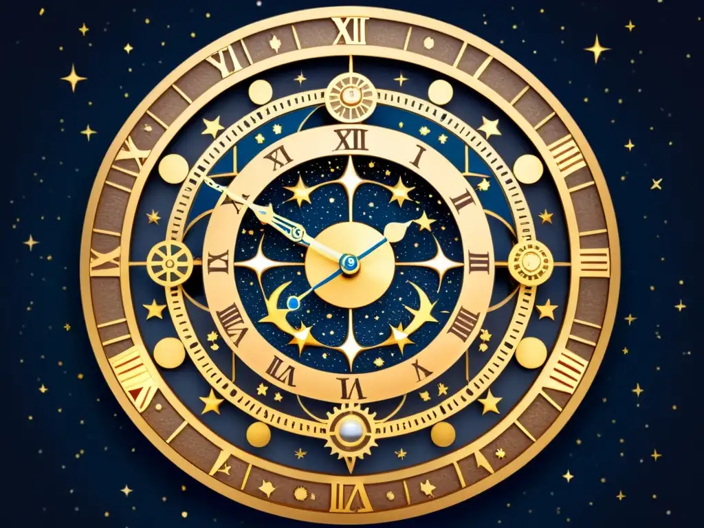 Detalle de un reloj celestial antiguo con precisión milenaria, enmarcado por la noche estrellada y constelaciones