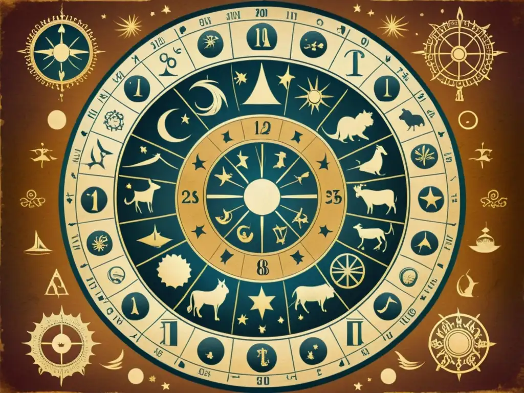 Detalle de rueda zodiacal vintage con símbolos astrológicos en tonos cálidos y textura pergamino, evocando historia y misticismo