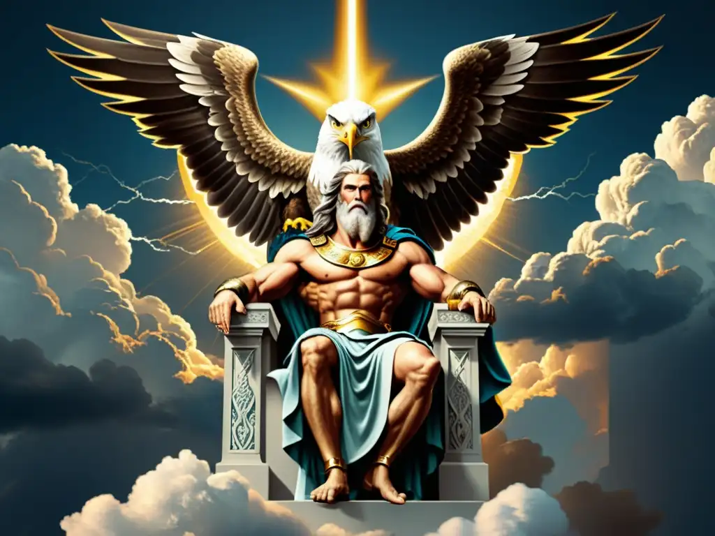 Detalle de ilustración vintage de Zeus en su trono en las nubes, con un águila majestuosa en su brazo extendido