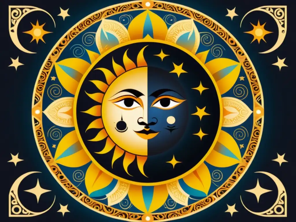 Detalle vibrante de un eclipse solar total y la mitología india de Rahu y Ketu, evocando misticismo y tradición astronómica