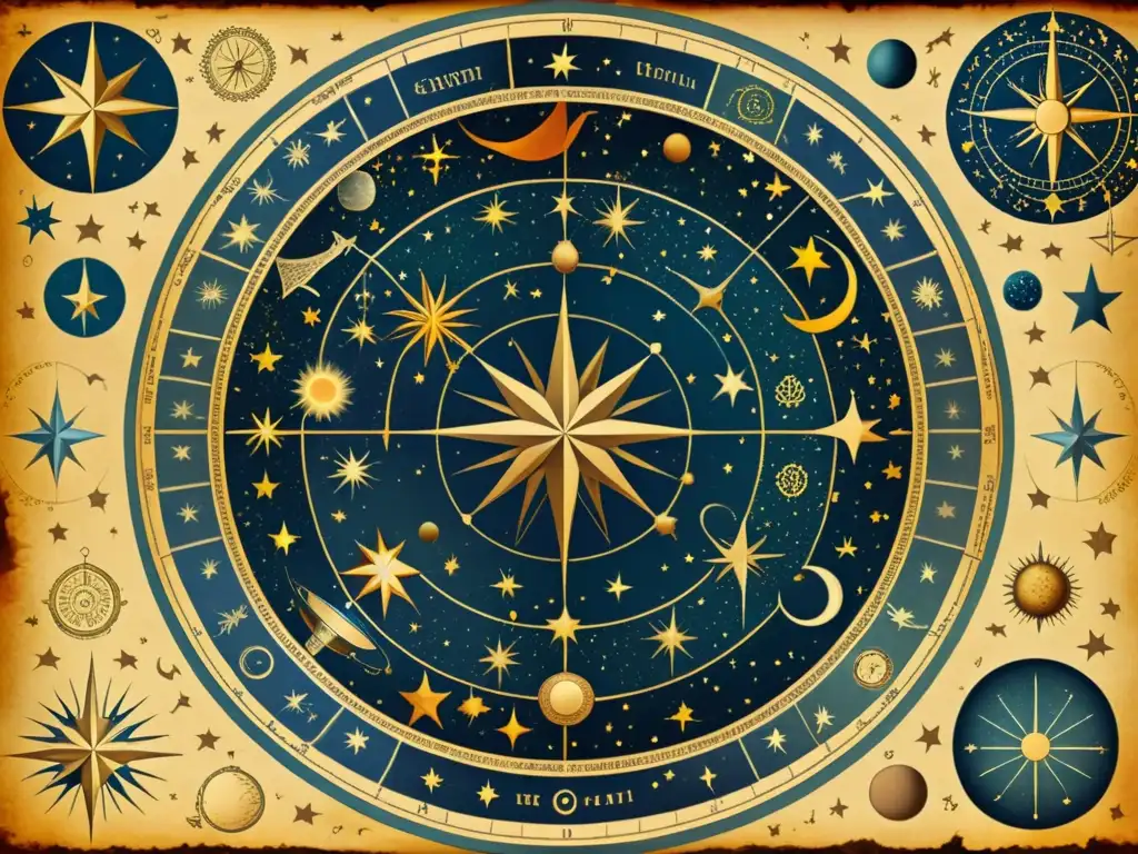 Detalle vintage de un antiguo mapa celestial con constelaciones y su importancia mitológica