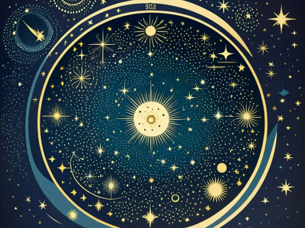 Detalle vintage del ciclo vital de estrellas y constelaciones en el firmamento, evocando asombro por el mundo celestial