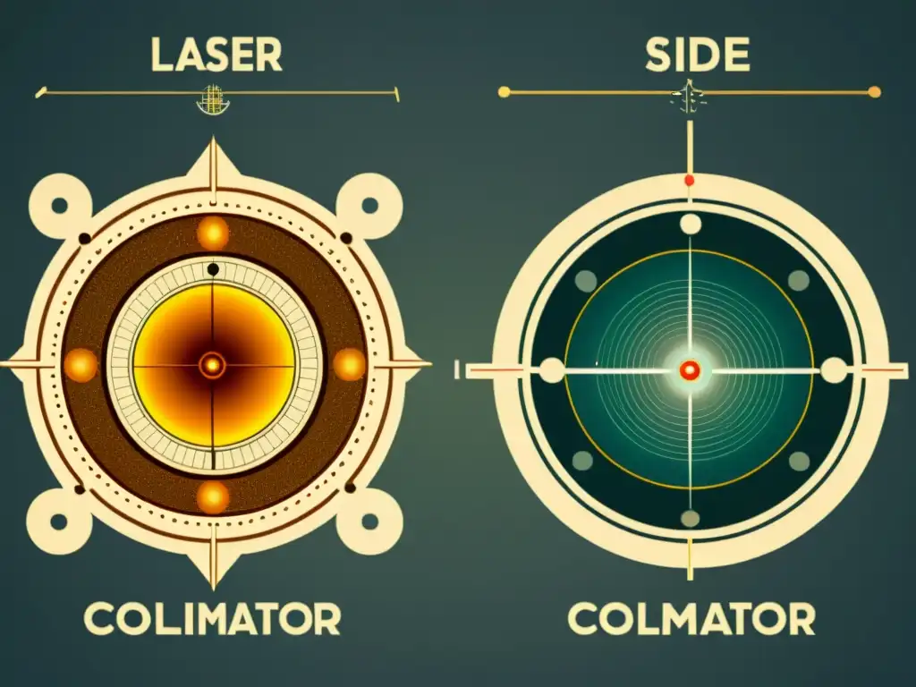 Detalle vintage de comparativa collimadores láser telescopio, con líneas finas y tonos cálidos evocando nostalgia histórica