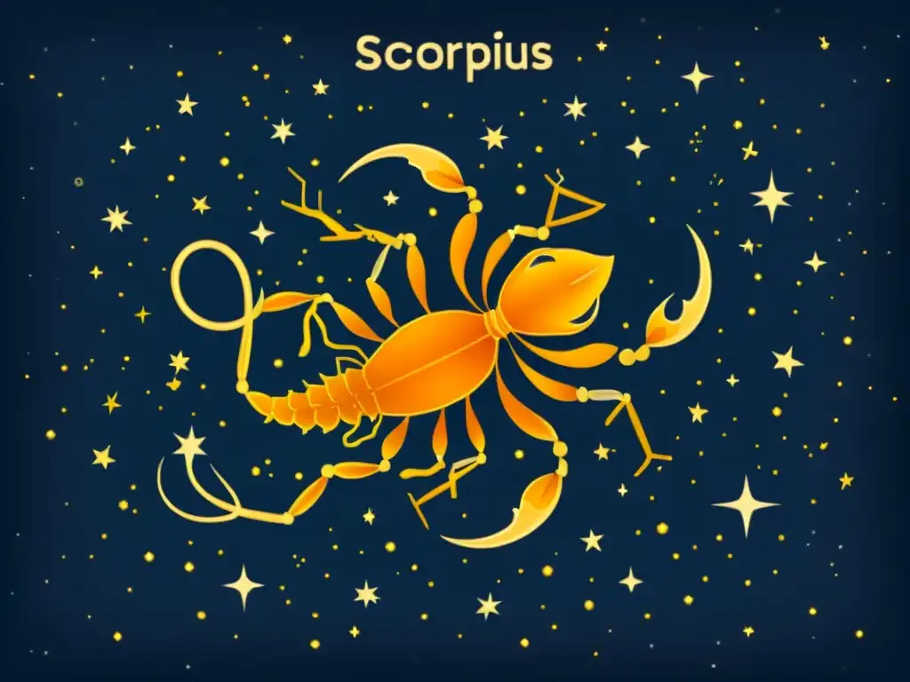 Detalle vintage de la constelación de Scorpius, con estrellas brillantes y representaciones mitológicas, en un fondo índigo nocturno