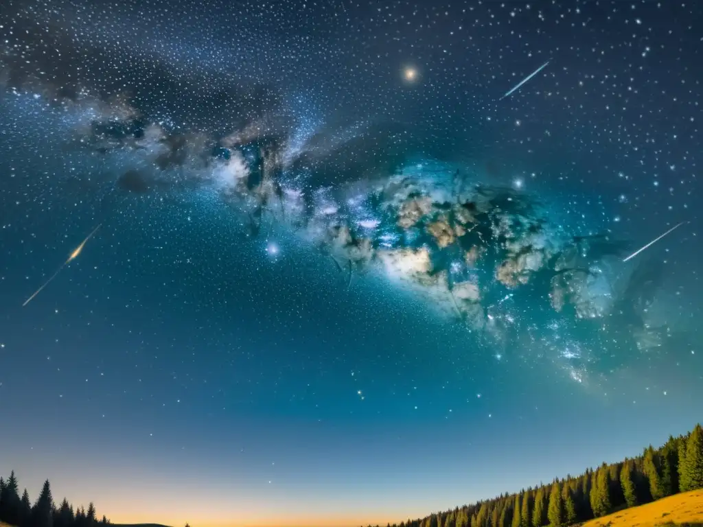 Detalle vintage de constelaciones en un cielo estrellado en transición de noche a amanecer, mostrando cambios en constelaciones con amanecer