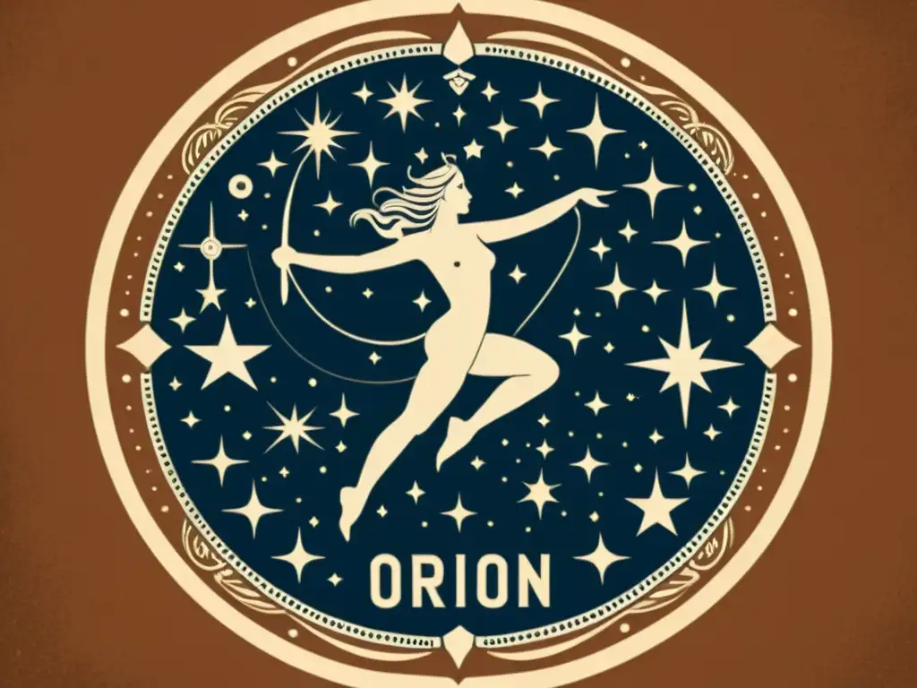 Detalle vintage ilustrado de la constelación de Orión, con figuras míticas y estrellas etiquetadas