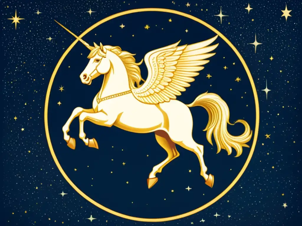 Detalle vintage ilustrado de la constelación Pegaso con Enif como la Nariz del Pegaso historia, evocando su encanto histórico y cultural