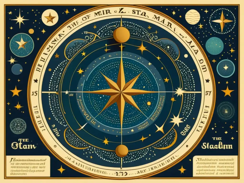 Detalle vintage de Mirzam en Canis Major, evocando la exploración astronómica histórica con tonos terrosos y linework meticuloso