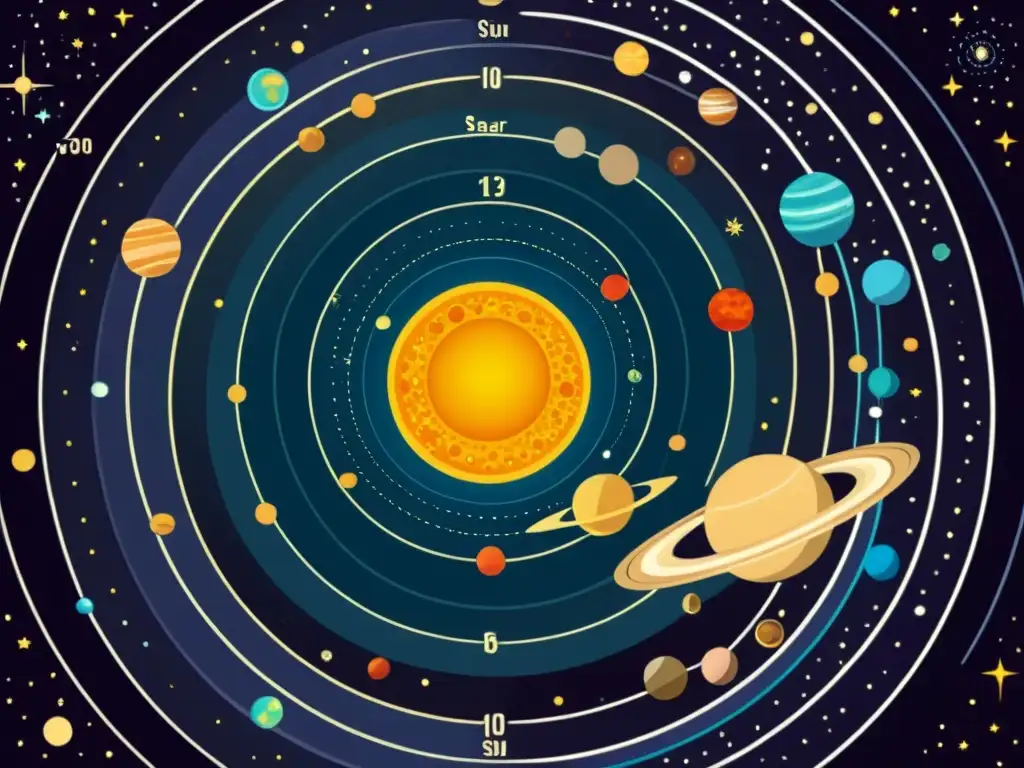 Detalle vintage del sistema solar con planetas en movimiento, constelaciones y estrellas en el fondo