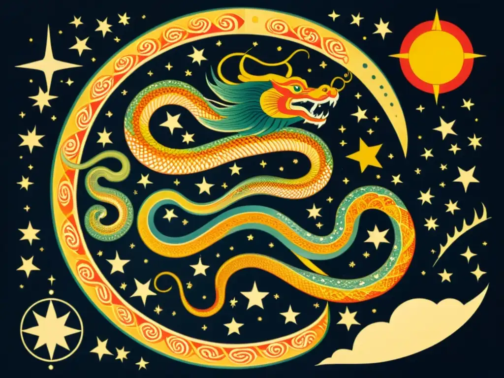 Detalle de ilustración vintage de Yamata no Orochi, serpiente de ocho cabezas, representando constelaciones en un mapa celestial