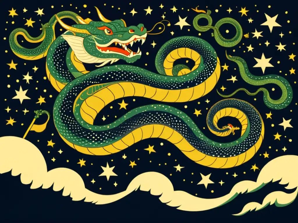 Detalle de ilustración vintage del Yamata no Orochi, serpiente gigante de la mitología japonesa en la noche, con constelaciones y sus múltiples cabezas brillando como estrellas