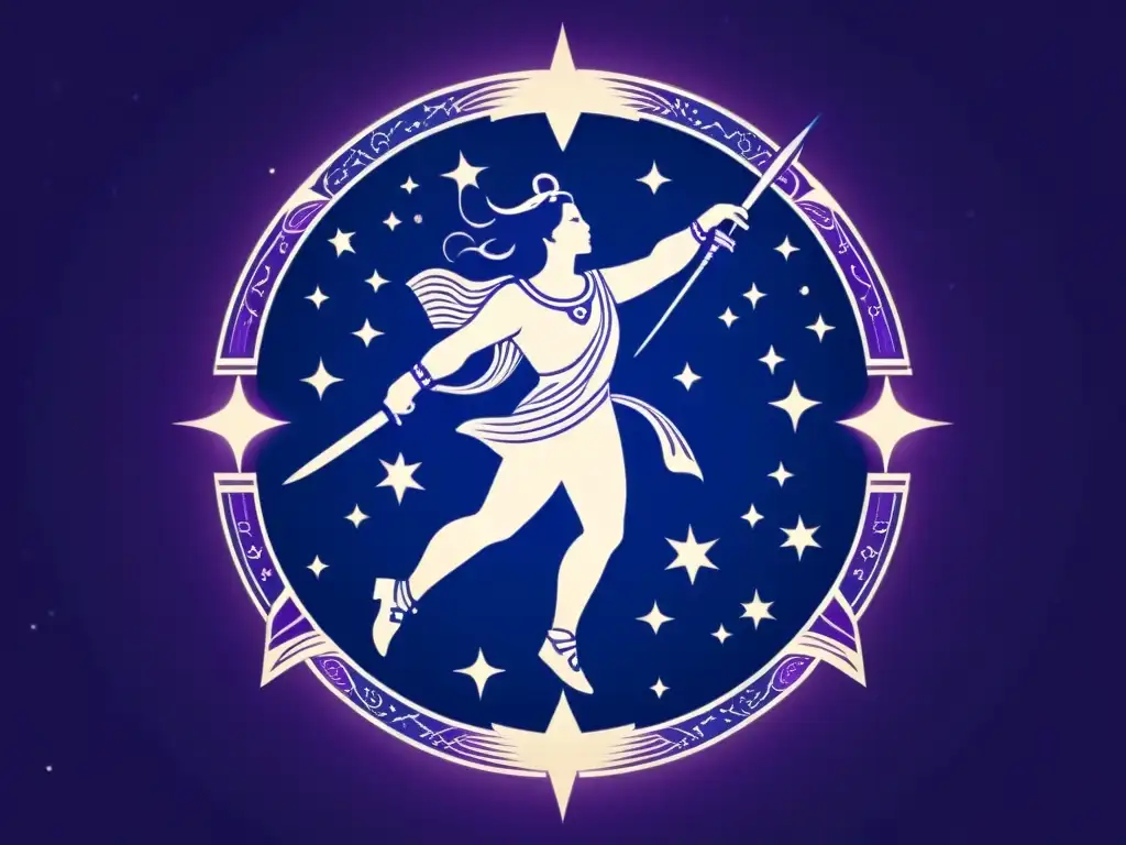 Orion: Constelación del guerrero celestial en estilo vintage Ilustración vintage de la constelación de Orión, con detalles de estrellas formando la figura del guerrero mítico, en tonos azules y morados