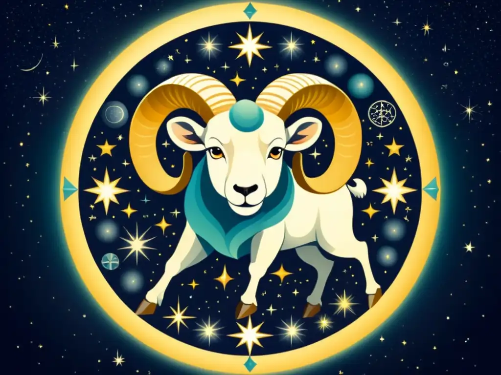 Una ilustración vintage de alta resolución de la constelación de Aries, con detalles intrincados del carnero, estrellas y elementos cósmicos