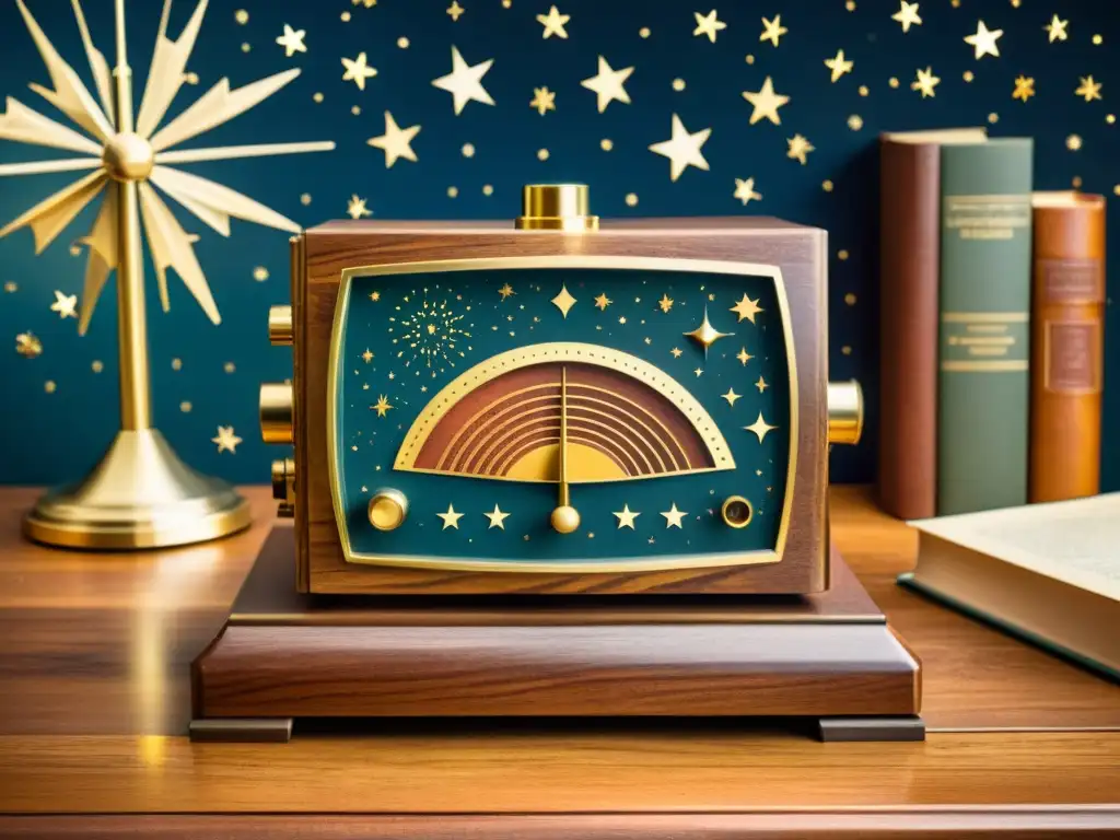 Un detector de radiación cósmica vintage rodeado de instrumentos científicos antiguos y libros encuadernados en cuero, evocando la exploración de radiación cósmica y estrellas en los primeros días