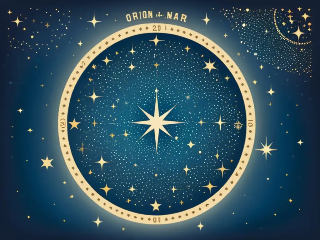 Un dibujo vintage del cielo nocturno con constelaciones como Orión, Ursa Major y Cassiopeia, evocando la influencia cultural de las constelaciones en tonos cálidos y detalles intrincados