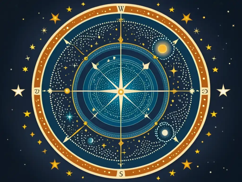 Un dibujo vintage del cielo nocturno con las constelaciones circumpolares destacadas, evocando asombro y conocimiento ancestral