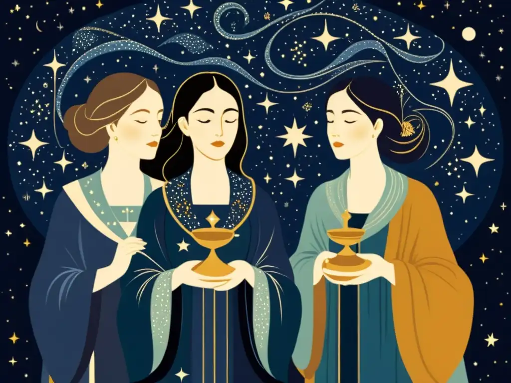 Un dibujo vintage de tres mujeres místicas, tejiendo constelaciones mitológicas y destino en el cielo estrellado