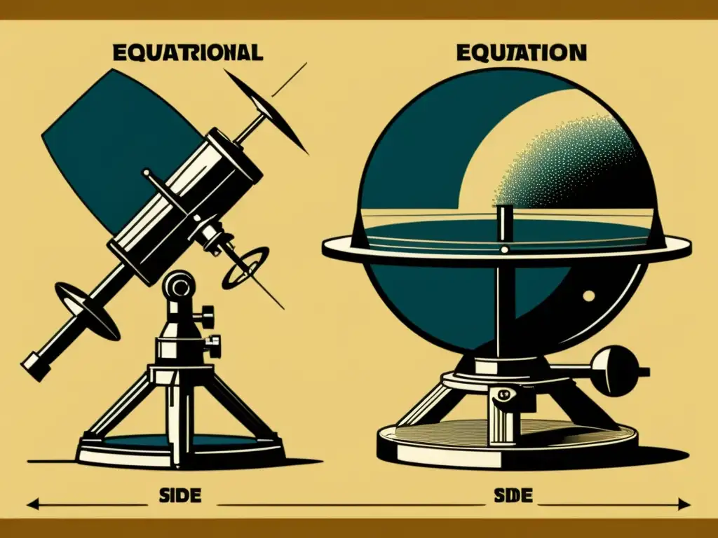 Una ilustración vintage muestra las diferencias entre monturas ecuatoriales y altazimutales